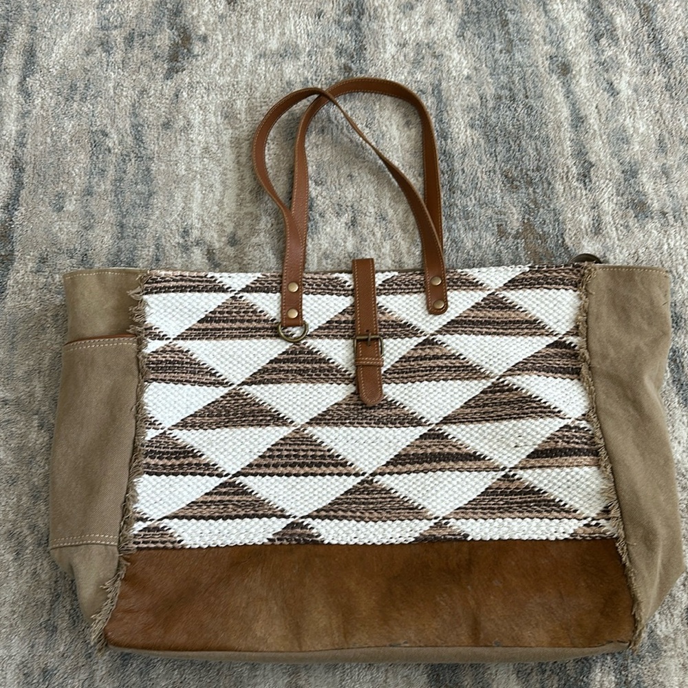 Myra Bag Weekender Tote Bag Cow Hide Upcycled Canvas